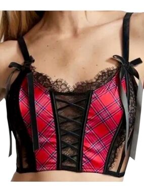 NWT Victoria's Secret Red Plaid Lace-Up Crop Bustier Corset Whimsigoth Coquette